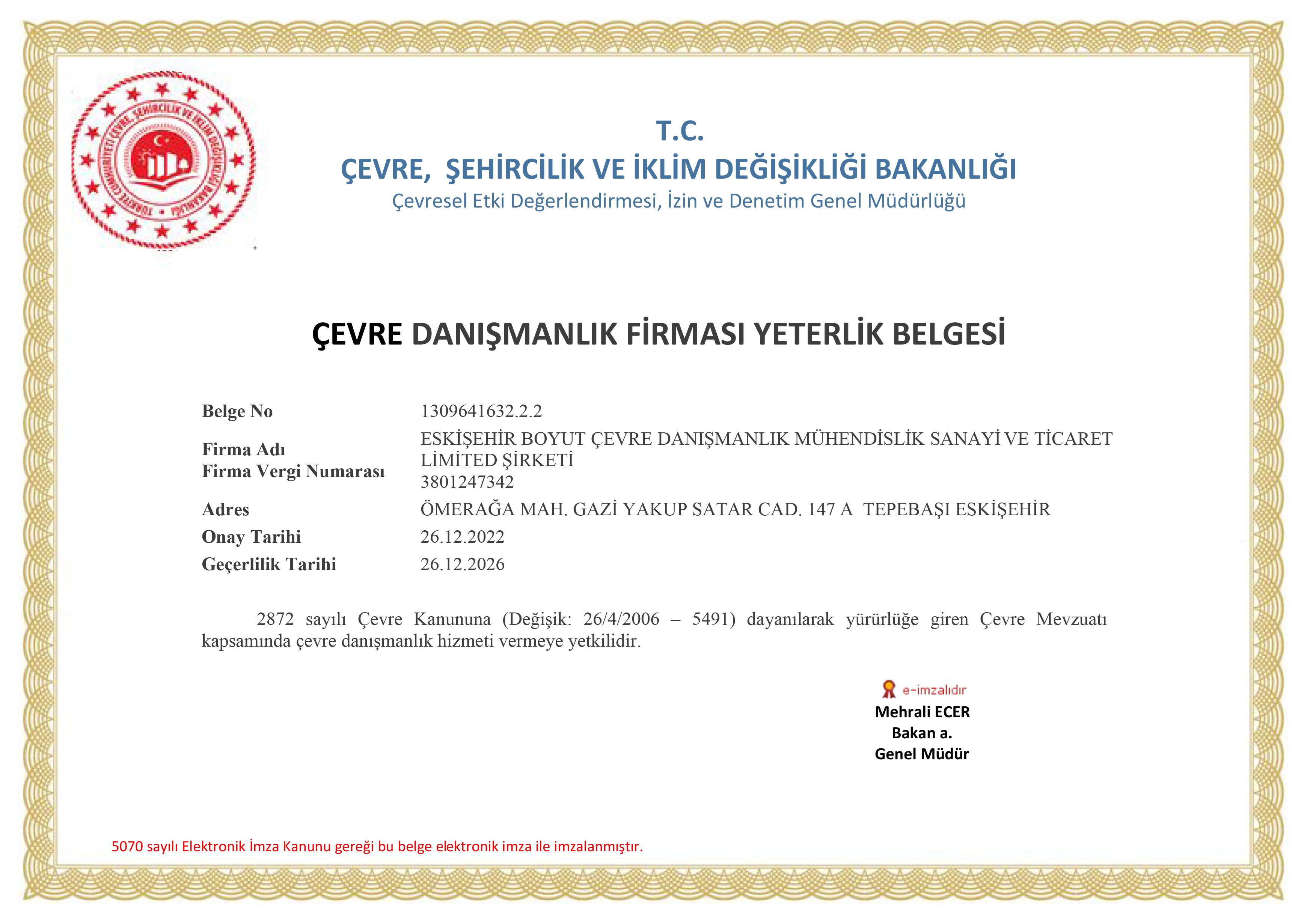 Boyut Çevre Danışmanlık Yeterlilik Belgesi